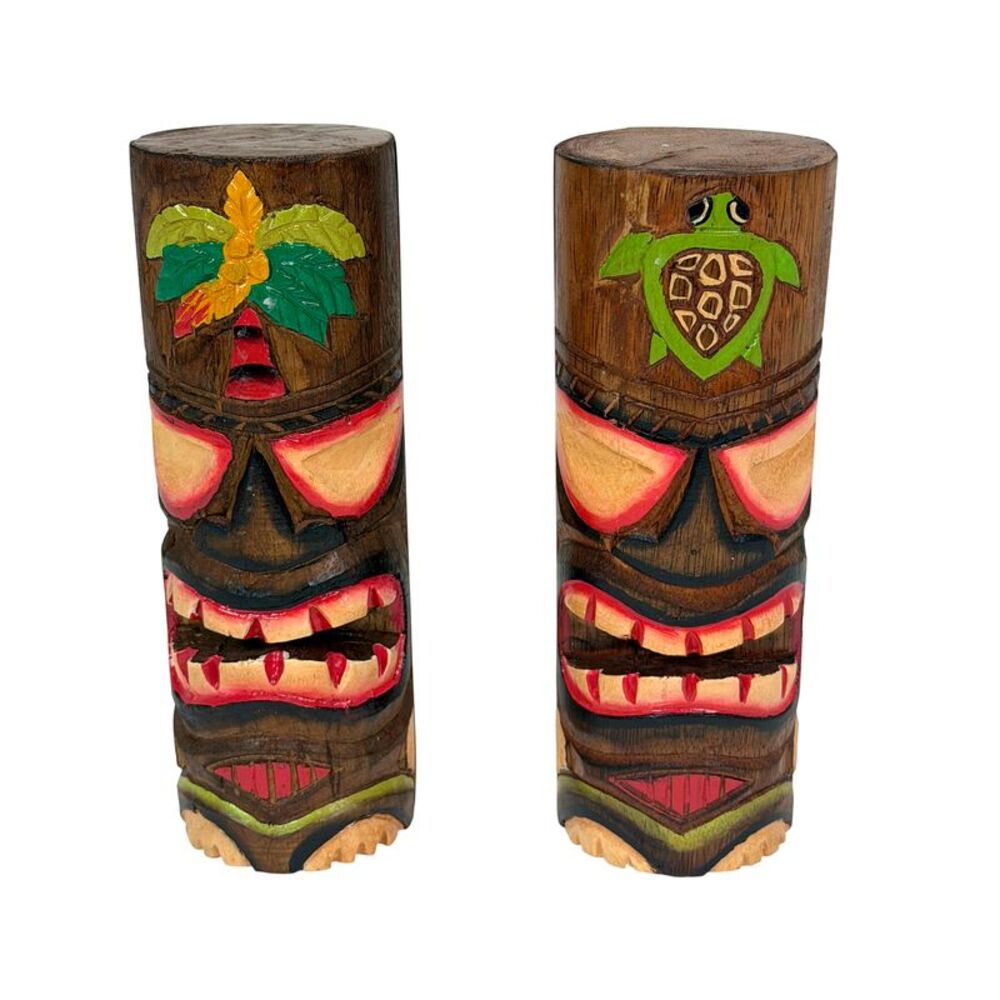 Hand Carved Wood Tiki Totem Pole Statues Set of 2 8 Inch Tall Turtle Palm Decor